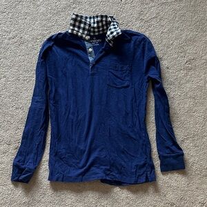 J.Crew Factory Boy's Navy Long-Sleeve Polo with Contrast Plaid Collar